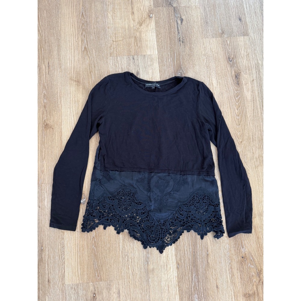 Generation Love Lace Hem Top Womens XS Black Long Sleeve Silk Blend‎ Embroidered